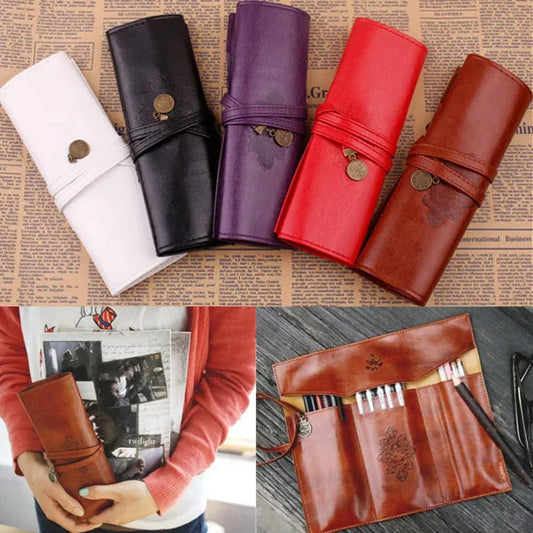 Roll Leather Makeup Pouch