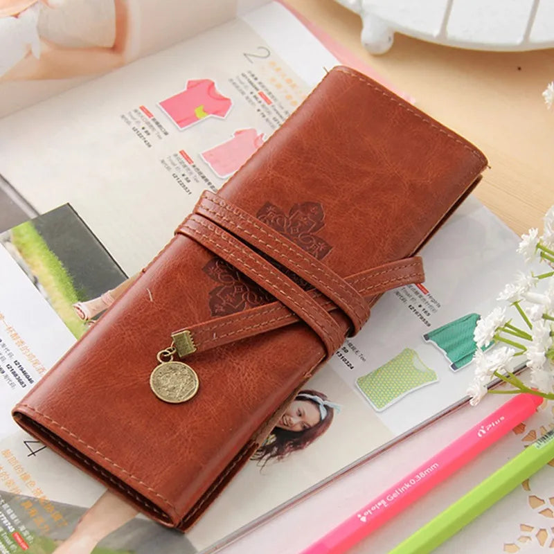 Roll Leather Makeup Pouch